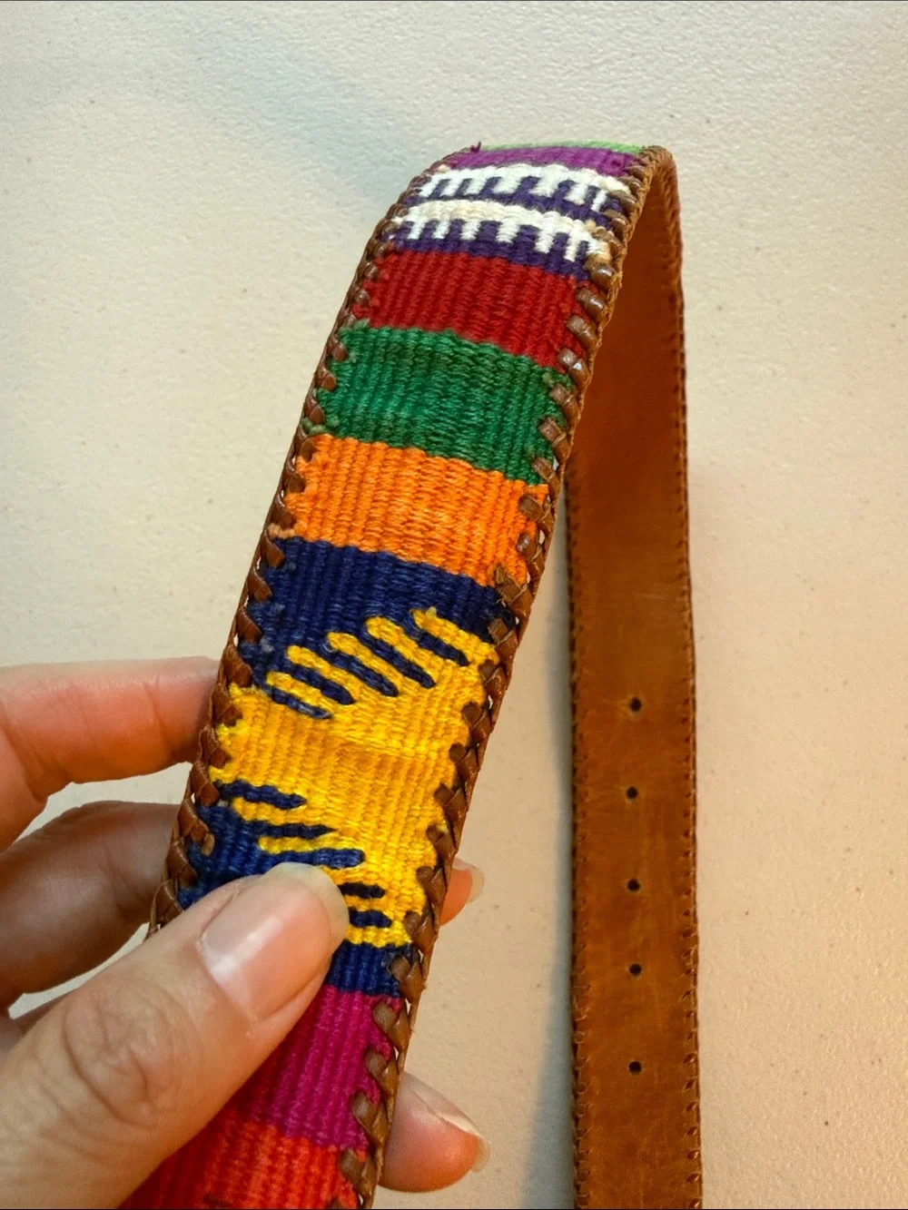 Colorful Woven Strap Belt with Brown Leather Trim handmade Guatemala 37 inches